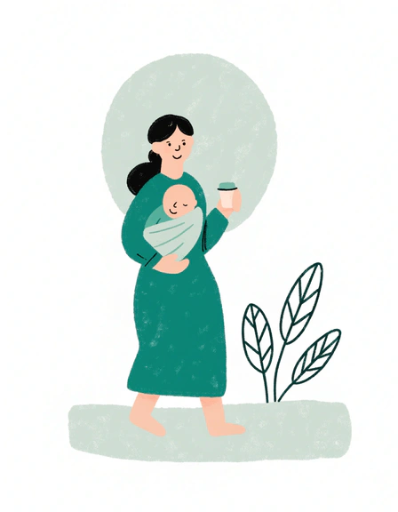 Illustration of a smiling mother walking with her baby in a wrap carrier