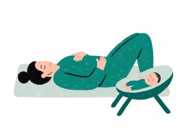 Illustration of a woman doing gentle breathing on a mat while her baby sleeps beside her