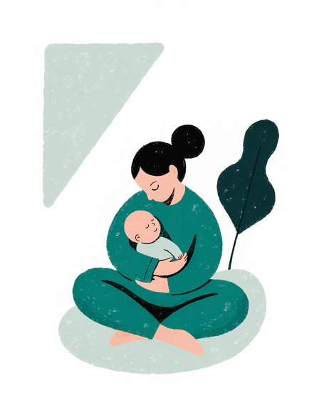 Illustration of a mother calmly holding her sleeping newborn